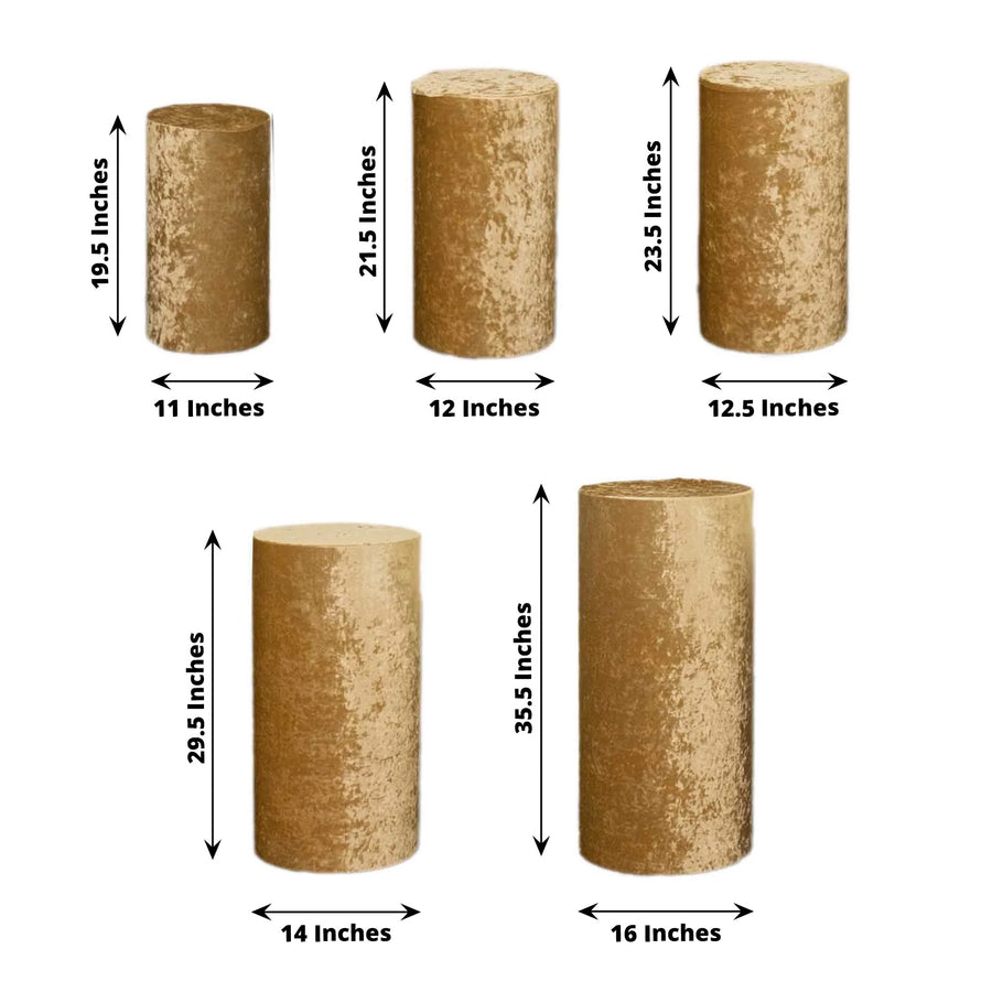 Set of 5 Champagne Crushed Velvet Cylinder Pillar Prop Covers, Premium Pedestal Plinth Display Box