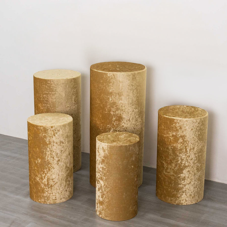 Set of 5 Champagne Crushed Velvet Cylinder Pillar Prop Covers, Premium Pedestal Plinth Display Box