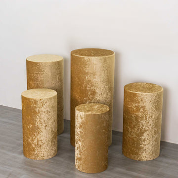 Set of 5 Champagne Crushed Velvet Cylinder Pillar Prop Covers, Premium Pedestal Plinth Display Box Stand Covers