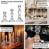 Set of 3 Clear Ribbed Glass Taper Candlestick Holders, Fluted Crystal Candle Stands