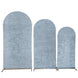 Set of 3 Dusty Blue Crushed Velvet Chiara Backdrop Stand Covers For Round Top Wedding Arches#whtbkgd
