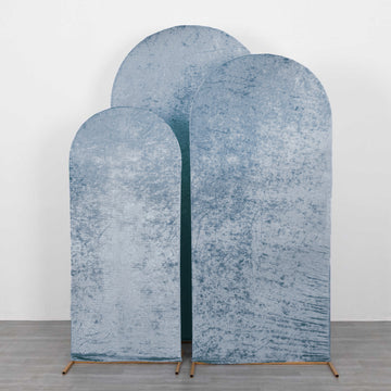 Set of 3 Dusty Blue Crushed Velvet Chiara Backdrop Stand Covers For Round Top Wedding Arches - 5ft, 6ft, 7ft