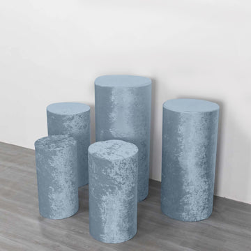 Set of 5 Dusty Blue Crushed Velvet Cylinder Pillar Prop Covers, Premium Pedestal Plinth Display Box Stand Covers