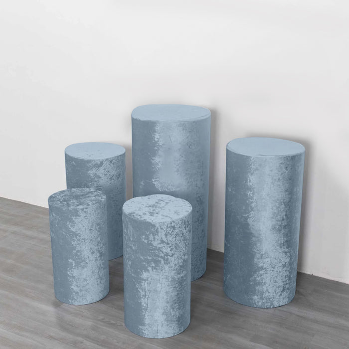 Set of 5 Dusty Blue Crushed Velvet Cylinder Pillar Prop Covers, Premium Pedestal Plinth Display Box