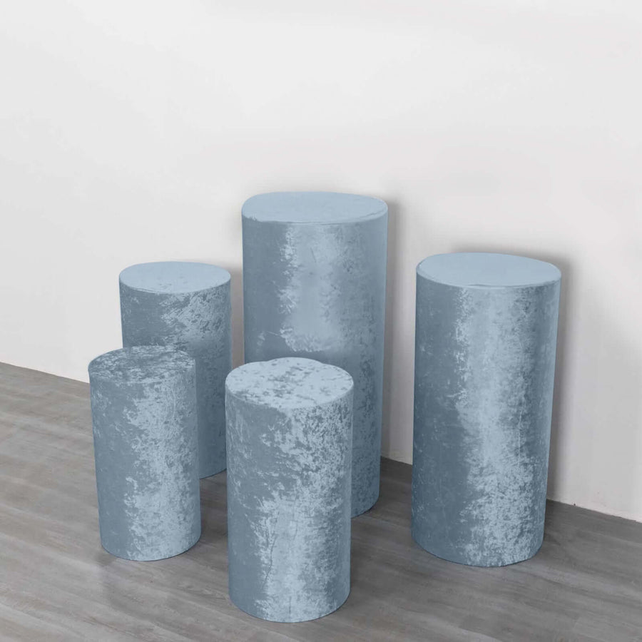 Set of 5 Dusty Blue Crushed Velvet Cylinder Pillar Prop Covers, Premium Pedestal Plinth Display Box 