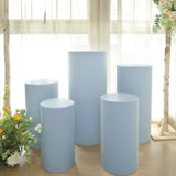 Set of 5 | Dusty Blue Cylinder Stretch Fitted Pedestal Pillar Prop Covers, Display Box Stand Covers