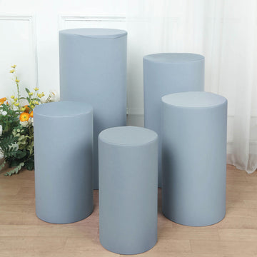 Set of 5 Dusty Blue Cylinder Stretch Fitted Pedestal Pillar Prop Covers, Spandex Plinth Display Box Stand Covers - 160 GSM