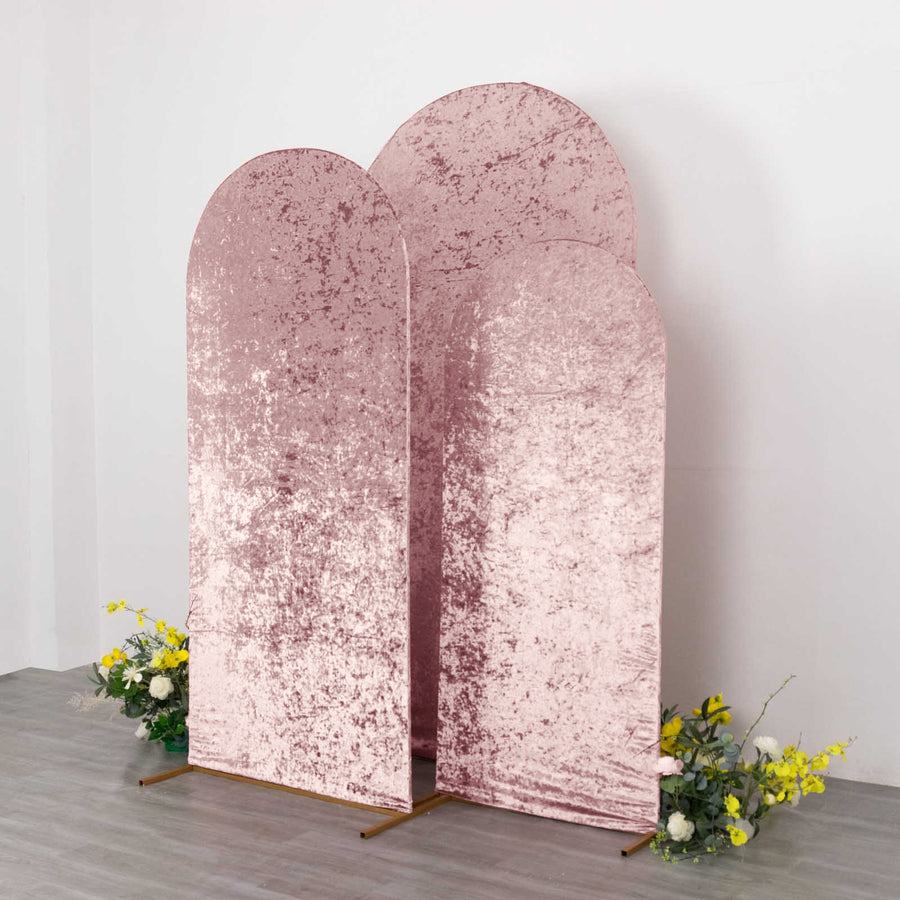 Set of 3 Dusty Rose Crushed Velvet Chiara Backdrop Stand Covers For Round Top Wedding Arches