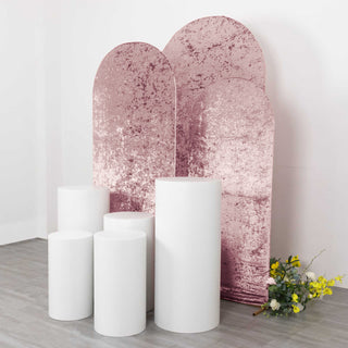 Unleash the Beauty of Round Top Wedding Arches with Dusty Rose Crushed Velvet Covers