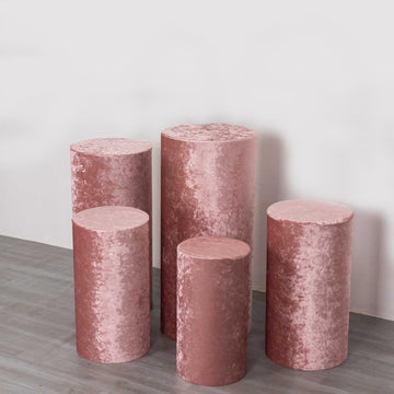 Set of 5 Dusty Rose Crushed Velvet Cylinder Pillar Prop Covers, Premium Pedestal Plinth Display Box Stand Covers