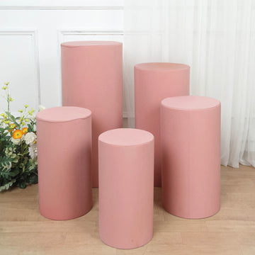 Set of 5 Dusty Rose Cylinder Stretch Fitted Pedestal Pillar Prop Covers, Spandex Plinth Display Box Stand Covers - 160 GSM