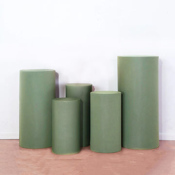 Set of 5 Dusty Sage Green Cylinder Stretch Fitted Pedestal Pillar Prop Covers, Spandex Plinth Display Box Stand Covers - 160 GSM