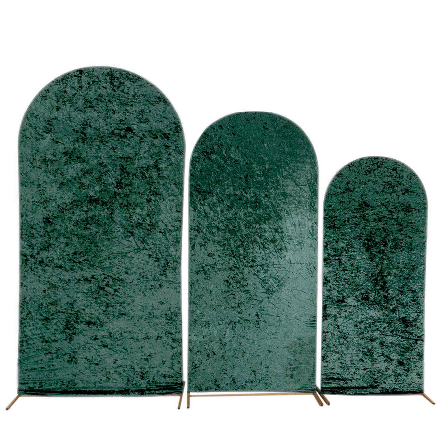 Set of 3 Emerald Green Crushed Velvet Chiara Backdrop Stand Covers For Round Top Wedding#whtbkgd
