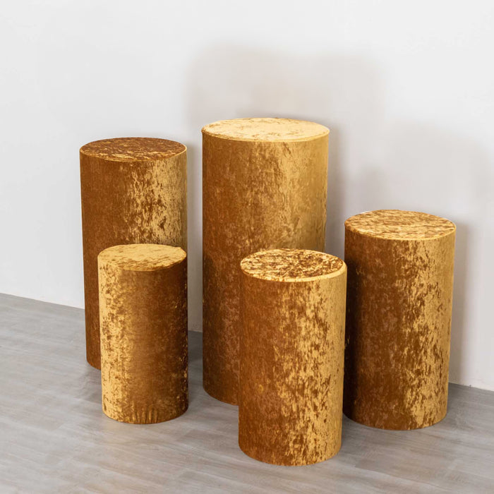 Set of 5 Gold Crushed Velvet Cylinder Pillar Prop Covers, Premium Pedestal Plinth Display Box Stand