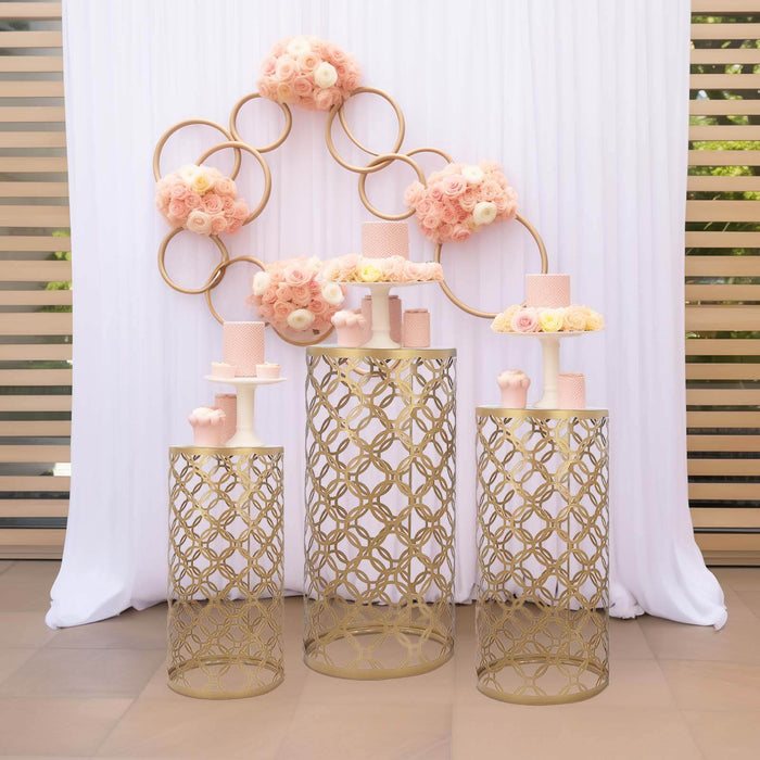 Set of 3 Gold Metal Cylinder Pillar Cake Display Stands, Round Mesh Plinth Pedestal Stand in Hollow