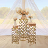 Set of 3 Gold Metal Cylinder Pillar Cake Display Stands, Round Mesh Plinth Pedestal Stand in Hollow