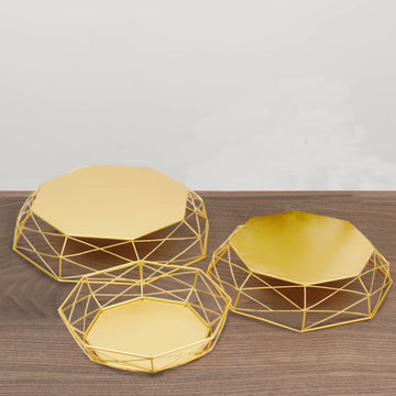 Set of 3 Gold Metal Geometric Cake Stands Reversible Octagon Baskets - 7" 9" 11"