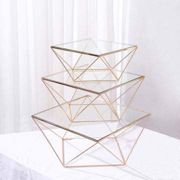 Set of 3 Gold Metal Geometric Stackable Cake Dessert Stand Pedestals with Square Glass Top
