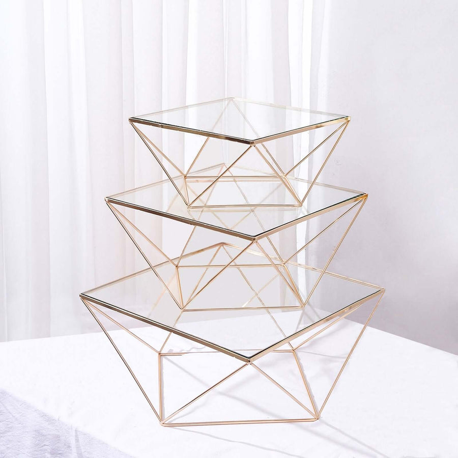 Set of 3 | Gold Metal Geometric Stackable Cake Dessert Stand Pedestals with Square Glass Top