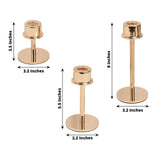 Set of 3 Gold Metal Taper Candle Stands with Round Base, Hurricane Candlestick Holders