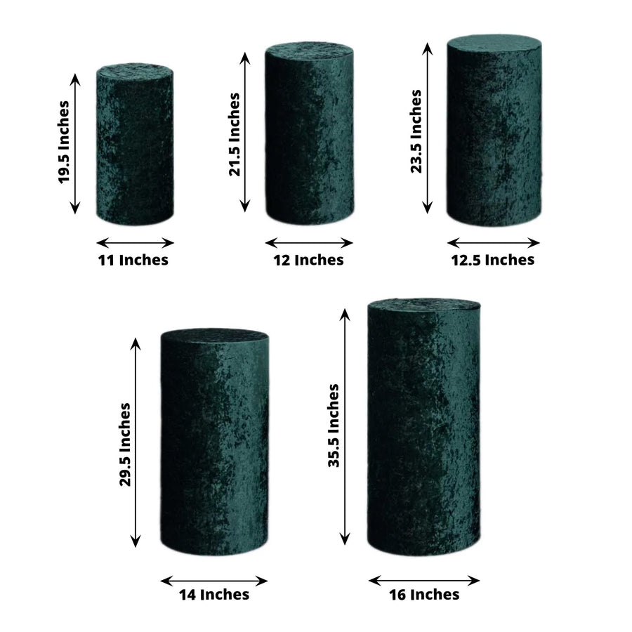 Set of 5 Hunter Emerald Green Crushed Velvet Cylinder Pillar Prop Covers, Premium Pedestal Plinth