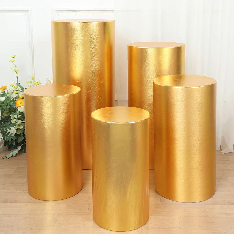 Set of 5 | Metallic Gold Cylinder Stretch Fit Pedestal Pillar Covers