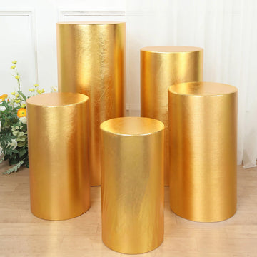 Set of 5 Metallic Gold Cylinder Stretch Fit Pedestal Pillar Covers, Spandex Plinth Display Box Stand Covers - 130 GSM