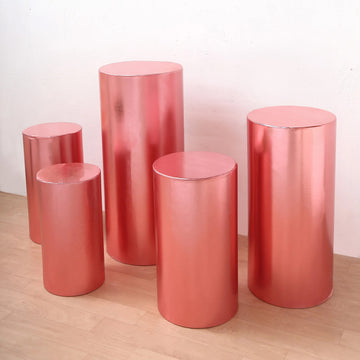 Set of 5 Metallic Rose Gold Cylinder Stretch Fit Pedestal Pillar Covers, Spandex Plinth Display Box Stand Covers - 130 GSM
