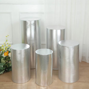 Set of 5 Metallic Silver Cylinder Stretch Fit Pedestal Pillar Covers, Spandex Plinth Display Box Stand Covers - 130 GSM