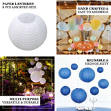 Set of 8 Mixed Purple White Hanging Paper Lanterns, Decorative Round Chinese Sky Lanterns