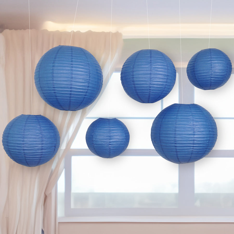 Set of 6 - Navy Blue Hanging Paper Lanterns Round Assorted Size
