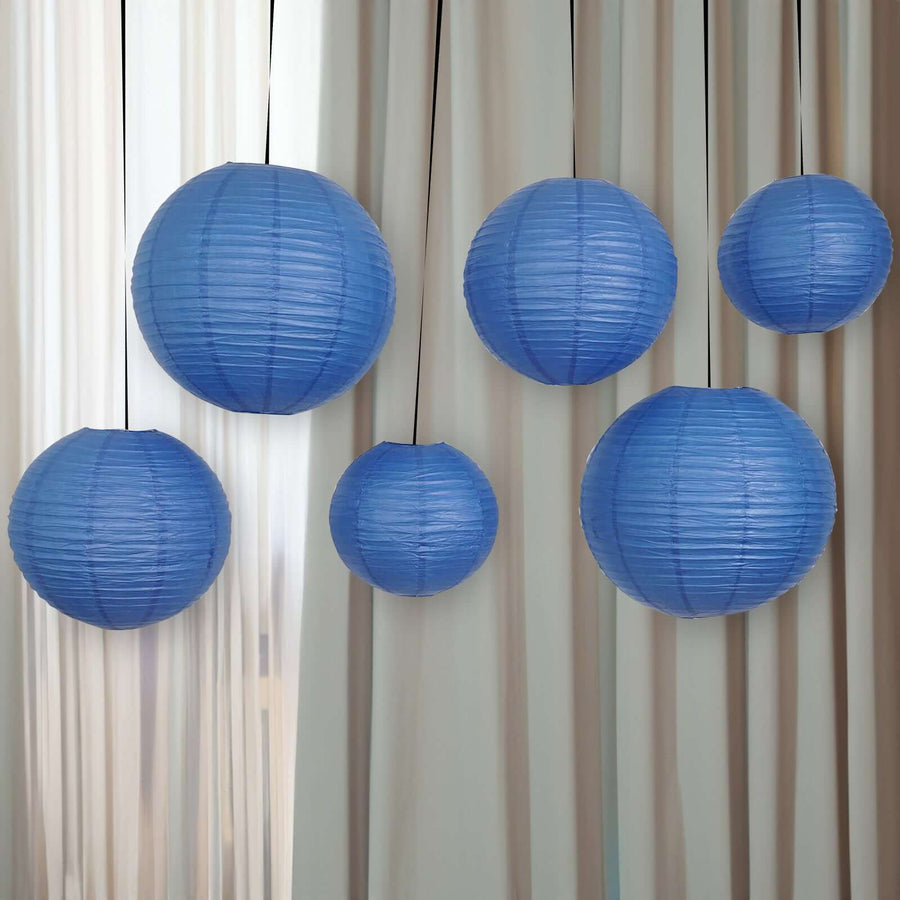 Set of 6 - Navy Blue Hanging Paper Lanterns Round Assorted Size