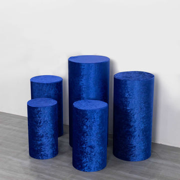 Set of 5 Royal Blue Crushed Velvet Cylinder Pillar Prop Covers, Premium Pedestal Plinth Display Box Stand Covers