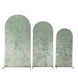 Set of 3 Sage Green Crushed Velvet Chiara Backdrop Stand Covers For Round Top Wedding Arches#whtbkgd