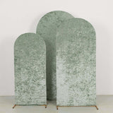 Set of 3 Sage Green Crushed Velvet Chiara Backdrop Stand Covers For Round Top Wedding Arches