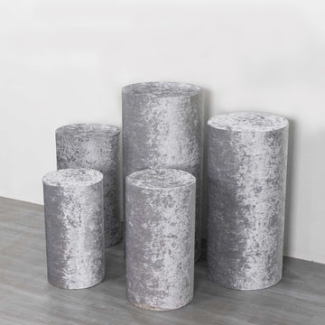 Set of 5 Silver Crushed Velvet Cylinder Pillar Prop Covers, Premium Pedestal Plinth Display Box Stand Covers