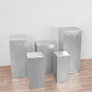 Set of 5 Silver Metallic Spandex Rectangular Pedestal Pillar Prop Covers, Shiny Stretchable Display Box Stand Covers - 130 GSM