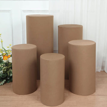 Set of 5 Taupe Cylinder Stretch Fitted Pedestal Pillar Prop Covers, Spandex Plinth Display Box Stand Covers - 160 GSM