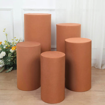 Set of 5 Terracotta (Rust) Cylinder Stretch Fitted Pedestal Pillar Prop Covers, Spandex Plinth Display Box Stand Covers - 160 GSM