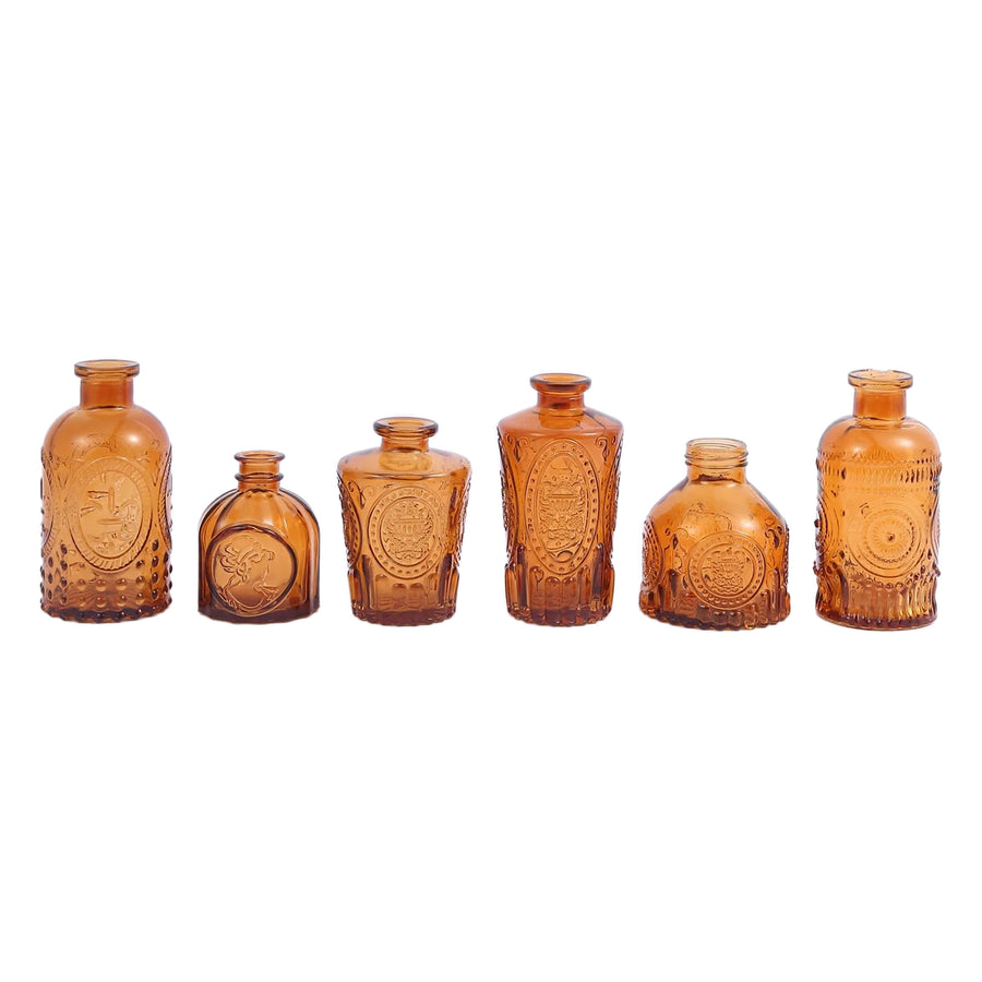 Set of 6 Vintage Embossed Amber Glass Bud Vase Centerpieces, Decorative Apothecary#whtbkgd