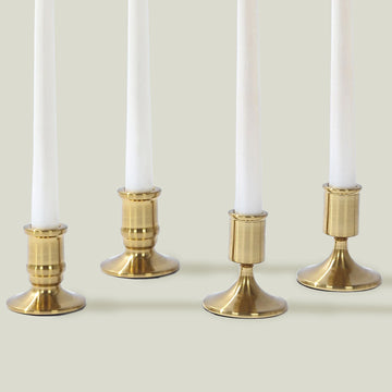 Set of 4 Vintage Gold Metal Pillar Candle Holders with Sturdy Round Base, Standard Taper Candle Holder Candlestick Stands - 2.5",3"
