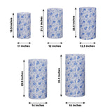 Set of 5 White Blue Cylinder Stretch Fitted Pedestal Pillar Prop Cover With Chinoiserie Floral Print