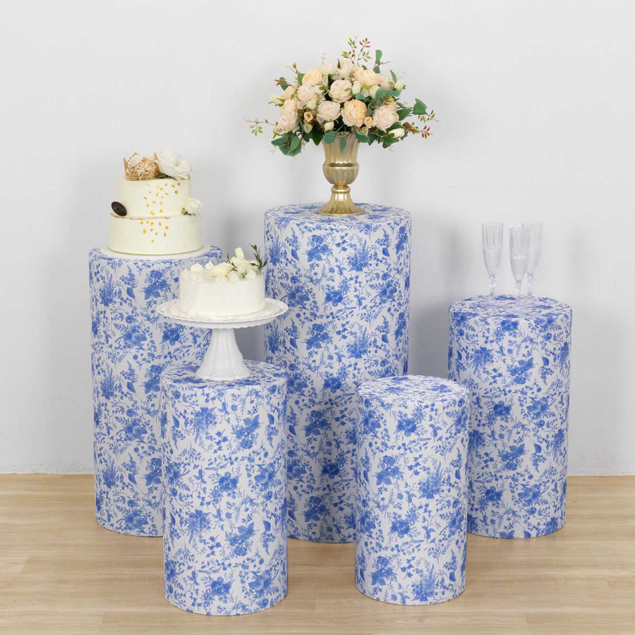 Set of 5 White Blue Cylinder Stretch Fitted Pedestal Pillar Prop Cover With Chinoiserie Floral Print