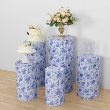 Set of 5 White Blue Cylinder Stretch Fitted Pedestal Pillar Prop Covers With Chinoiserie Floral Print, Spandex Plinth Display Box Stand Covers
