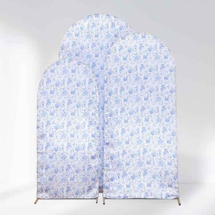Set of 3 White Blue Satin Chiara Wedding Arch Covers With Chinoiserie Floral Print, Fitted Covers