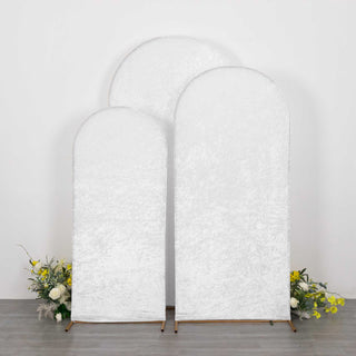 Elevate Your Wedding Decor with White Crushed Velvet Chiara Backdrop Stand Covers