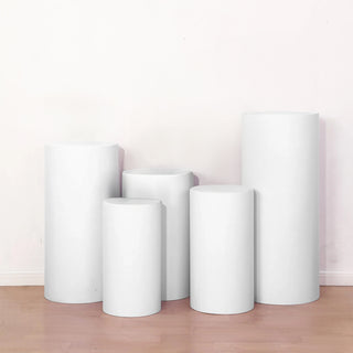 Enhance Your Event with White Cylinder Stretch Fitted Pedestal Pillar Prop Covers