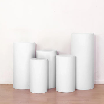 Set of 5 White Cylinder Stretch Fitted Pedestal Pillar Prop Covers, Spandex Plinth Display Box Stand Covers - 160 GSM