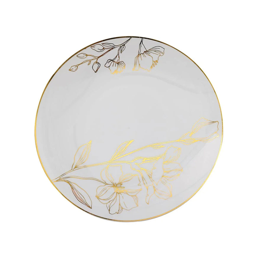 Set of 20 White Plastic Dinner Dessert Plates With Metallic Gold Floral Design, Disposable#whtbkgd