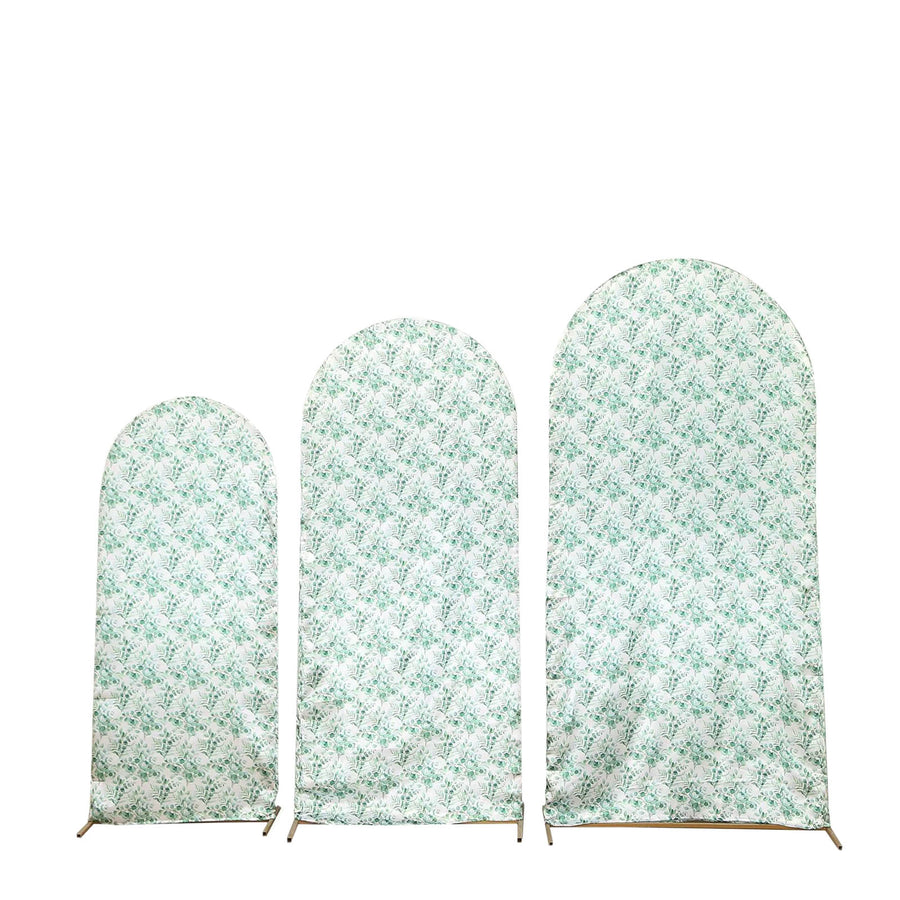 Set of 3 White Green Satin Chiara Wedding Arch Covers With Eucalyptus Leaves Print, Fitted Covers